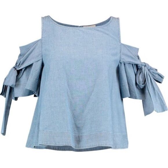 Sea New York Blue Chambray Flutter Sleeve Bow Top Women’s Size 4 - Picture 8 of 10